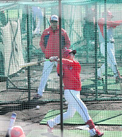 ドラフト６位・西川の打撃に熱視線を注ぐ新井監督（撮影・畠山賢大）