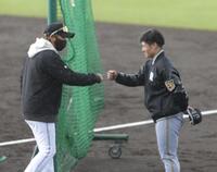 日本ハム・新庄監督とグータッチする阪神・坂本