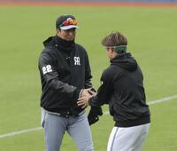 阪神の藤川監督と握手する日本ハムの島本