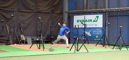 　多くのカメラに囲まれて投球する山崎（撮影・佐々木彰尚）