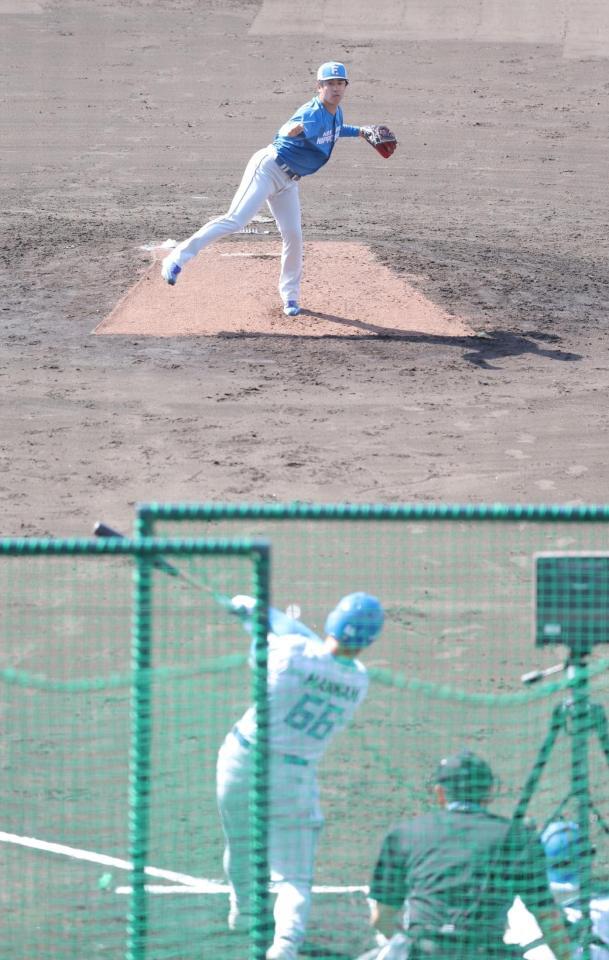 ライブＢＰで万波中正に投球する北山（撮影・西岡正）