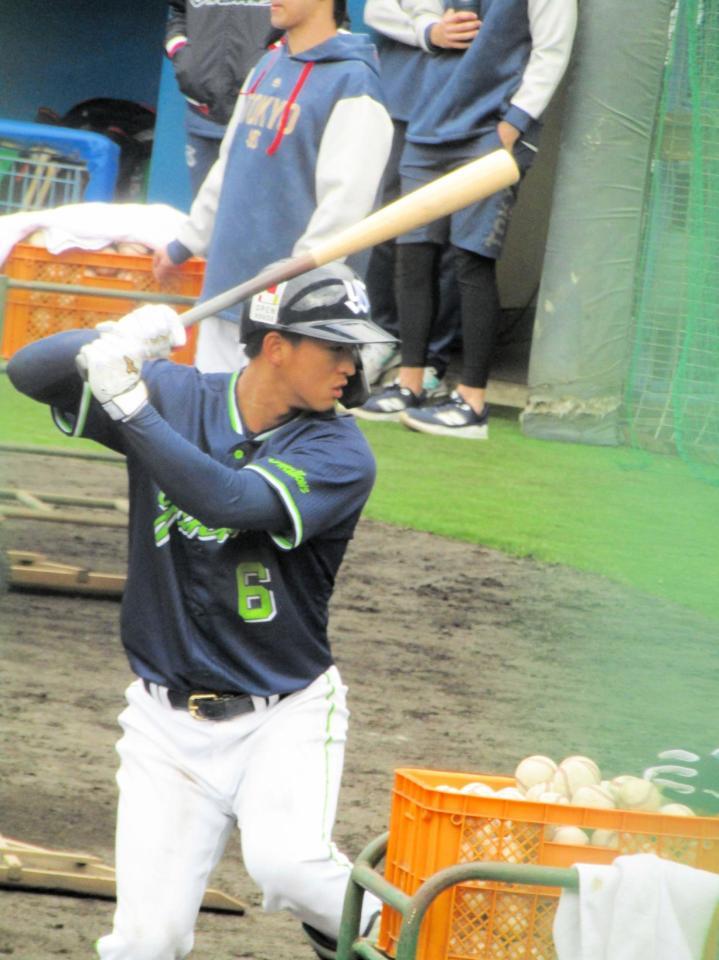 ティー打撃を行う松下（撮影は２月８日　この後、ライブＢＰで柵越えを放った）