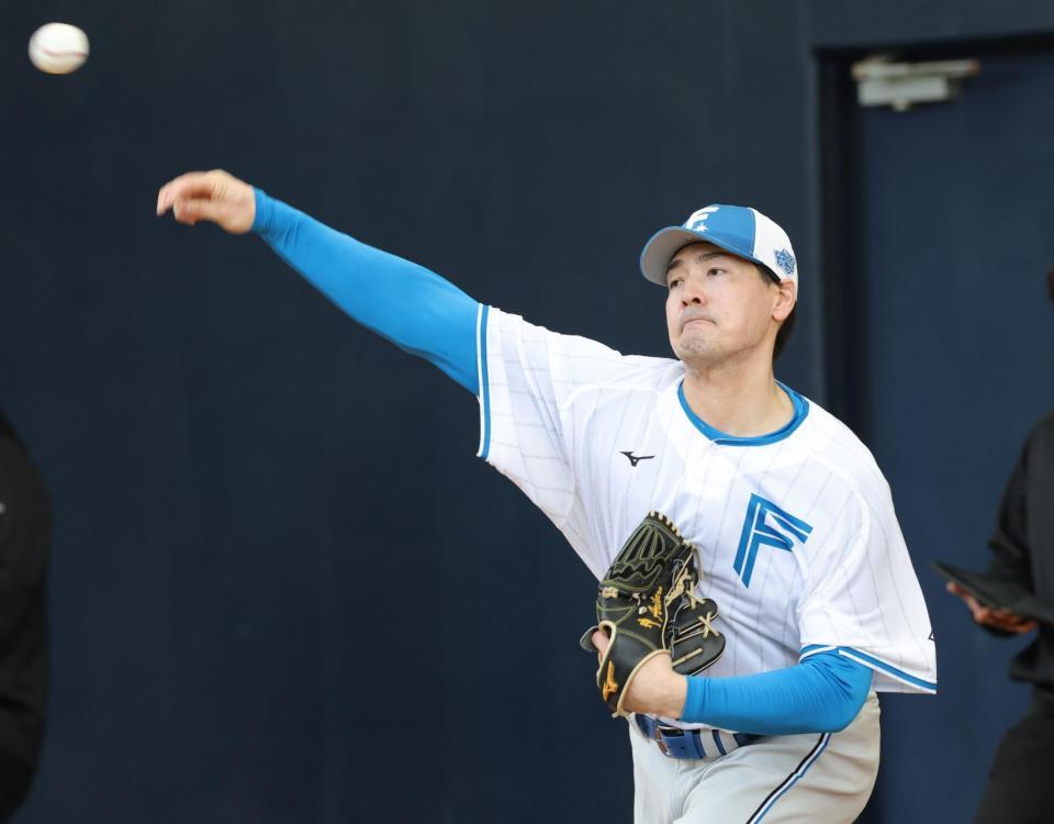 ブルペンで投球する有原（撮影・西岡正）