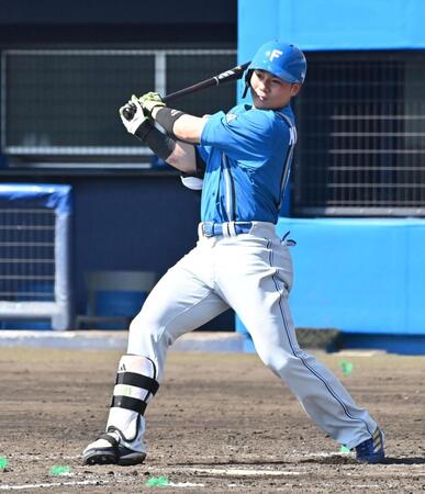 ３回、左線適時二塁打を放つ清宮幸（撮影・持木克友）