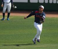 打撃練習でレフトの守備につく森下（撮影・金田祐二）