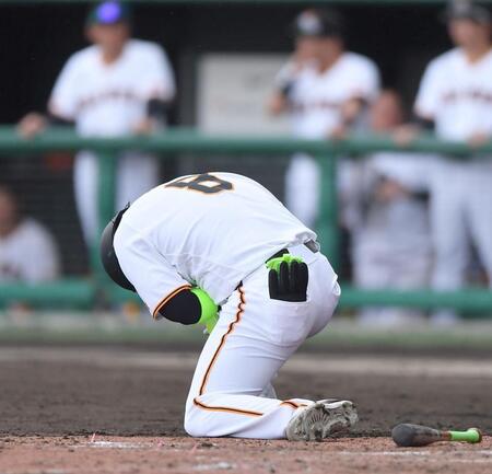 ５回、死球を受けうずくまる丸（撮影・開出牧）