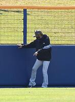 外野のフェンス付近を気にする新庄剛志監督（撮影・持木克友）