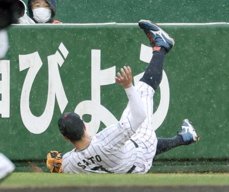 ５回、ソフトバンク・ダウンズの邪飛に飛び込む佐藤輝