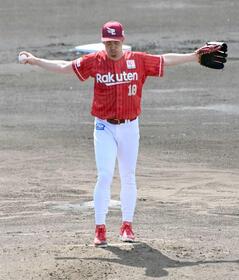 登板前に“マエケン体操”をする前田健（撮影・持木克友）