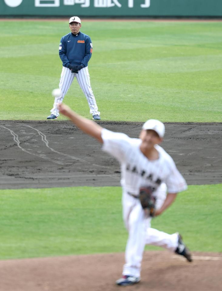 菅野（手前）のライブＢＰを遊撃の位置から見つめる井端監督（撮影・伊藤笙子）