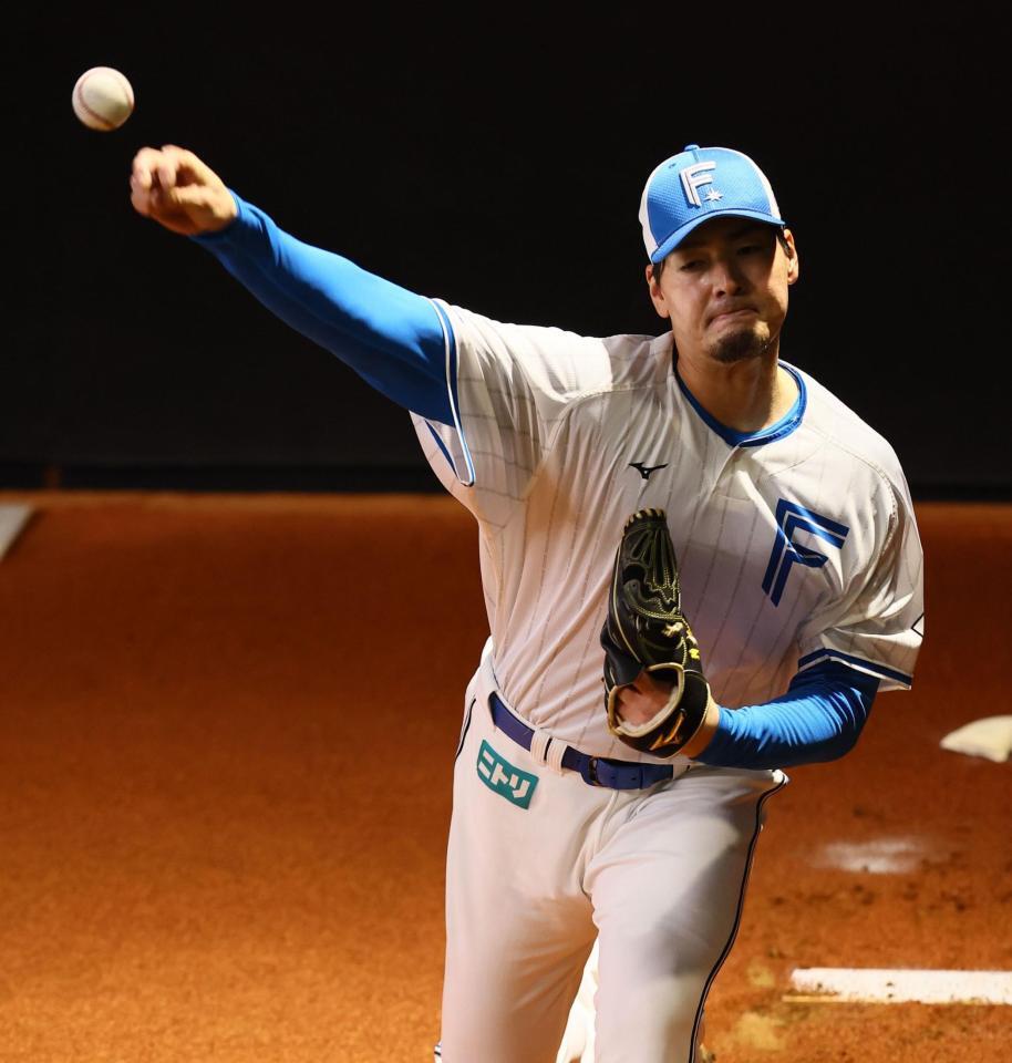 ブルペンで投球する有原（撮影・中島達哉）