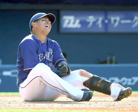 　藤浪から死球を受けた鵜飼