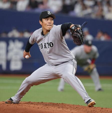 ４回、２番手で登板した則本（撮影・坂部計介）