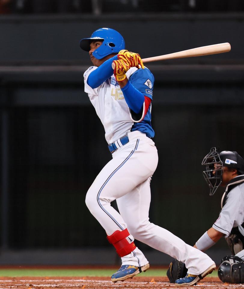 中犠飛を放つ日本ハムのエドポロ（撮影・中島達哉）