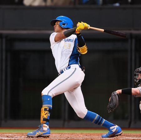 ９回、サヨナラソロを放つ水谷（撮影・中島達哉）