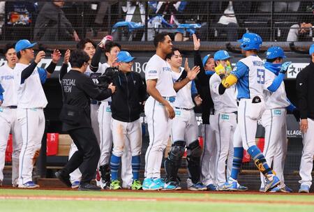 ９回、サヨナラソロを放った水谷（右から２人目）を迎える日本ハムナイン（撮影・中島達哉）