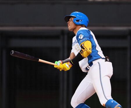 ９回、サヨナラソロを放つ水谷（撮影・中島達哉）