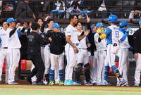 ９回、サヨナラソロを放った水谷（右から２人目）を迎える日本ハムナイン（撮影・中島達哉）