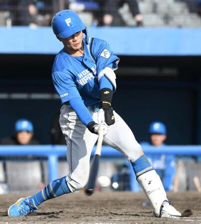 奈良間は右前適時打を放つ（撮影・佐藤厚）