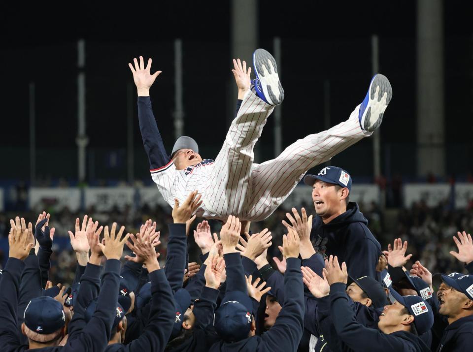 胴上げされる川端（撮影・佐々木彰尚）