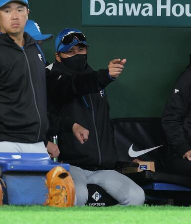 ベンチで厳しい表情の新庄監督（撮影・金田祐二）