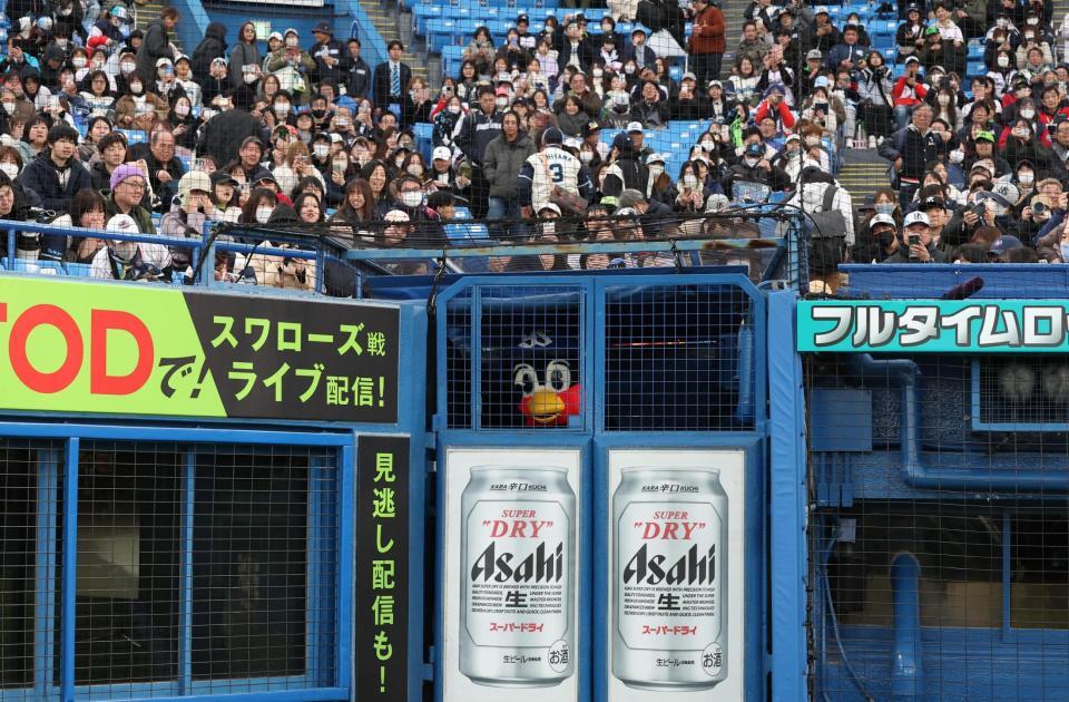 球場に現れたつば九郎（撮影・佐々木彰尚）