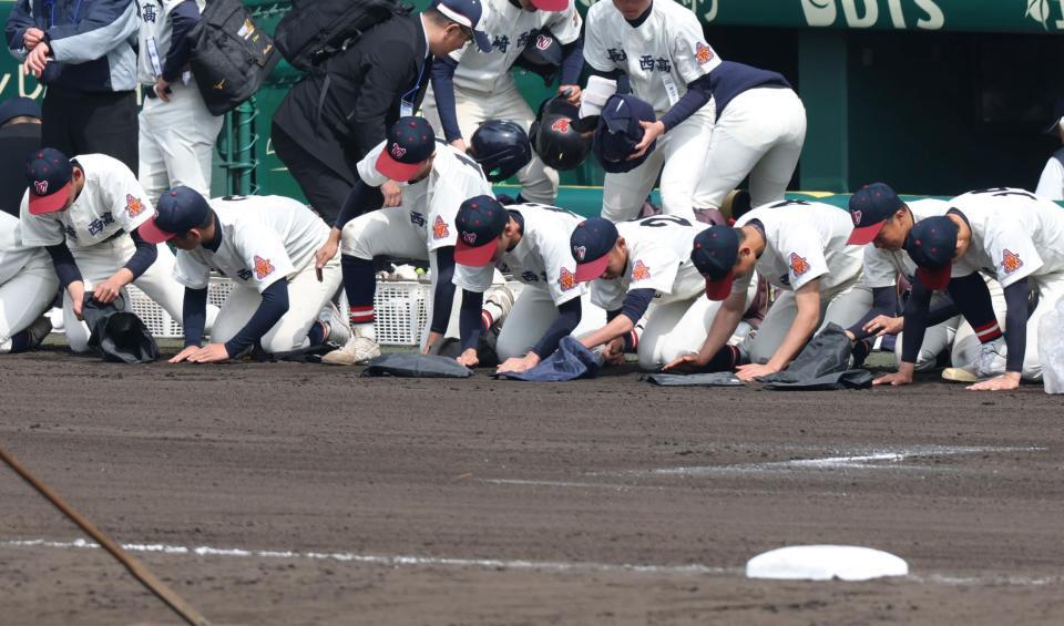 滋賀学園に敗れ、砂を集める長崎西ナイン（撮影・中田匡峻）