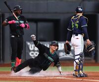 １回、一走・野村が一、二塁間で挟まれる間に本塁へ生還する三走・郡司（捕手・鈴木叶）＝撮影・中島達哉