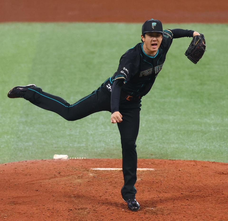 ５回、声をあげながら力投する日本ハム・北山亘基＝エスコンフィールド北海道（撮影・中島達哉）