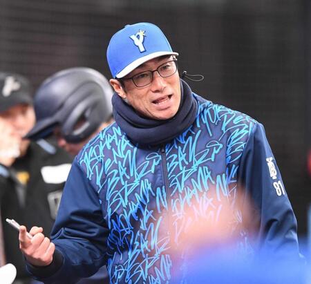　イニング間に選手に指示を出す相川監督（撮影・園田高夫）