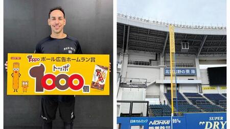 トッポのキャラクターがデザインされたポール（右）とボードを持つソト（左）＝球団提供