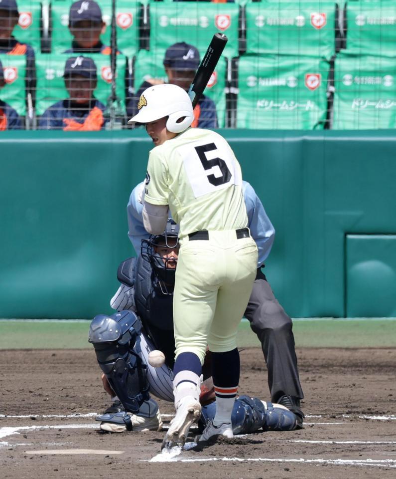 ６回、英明・榎本侑晟は２打席連続で死球を受ける（撮影・山口登）