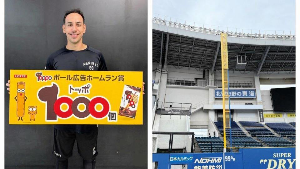 トッポのキャラクターがデザインされたポール（右）とボードを持つソト（左）＝球団提供