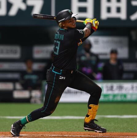 ７回、同点ソロを放つ水谷（撮影・中島達哉）