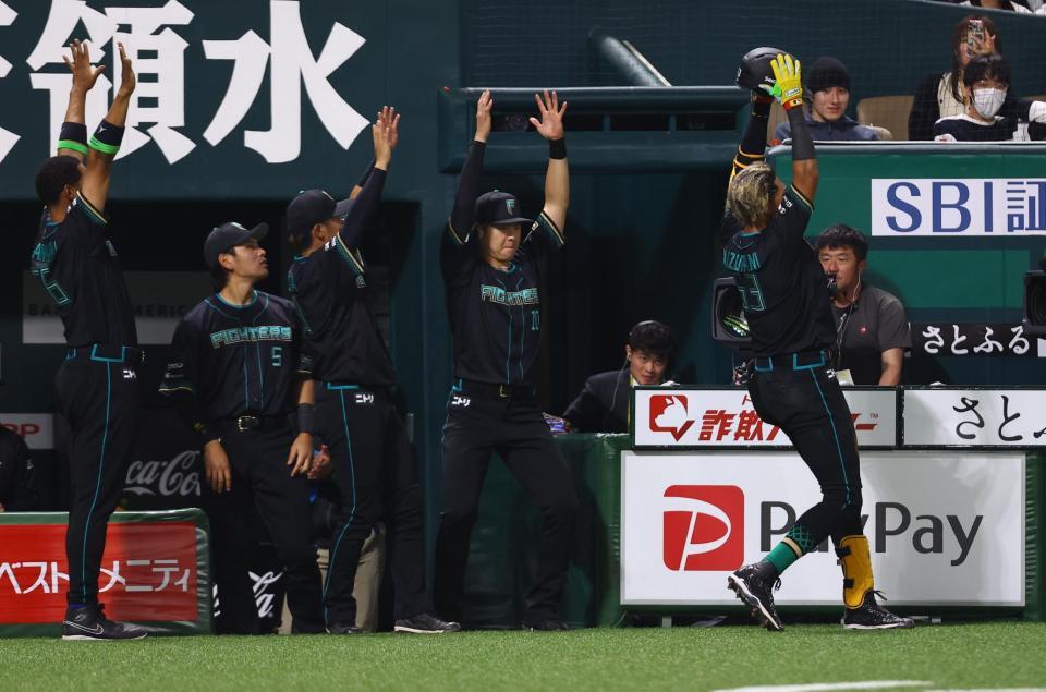 ７回、同点ソロを放ち、ナインとパイナポーポーズを決める水谷（右）＝撮影・中島達哉