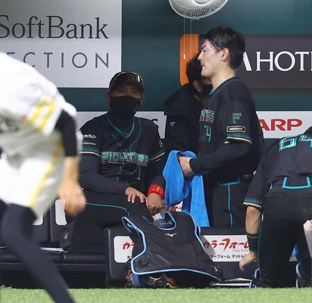 ２回、戦況を見つめる新庄監督（右はベンチ裏に下がる有原）＝撮影・中島達哉