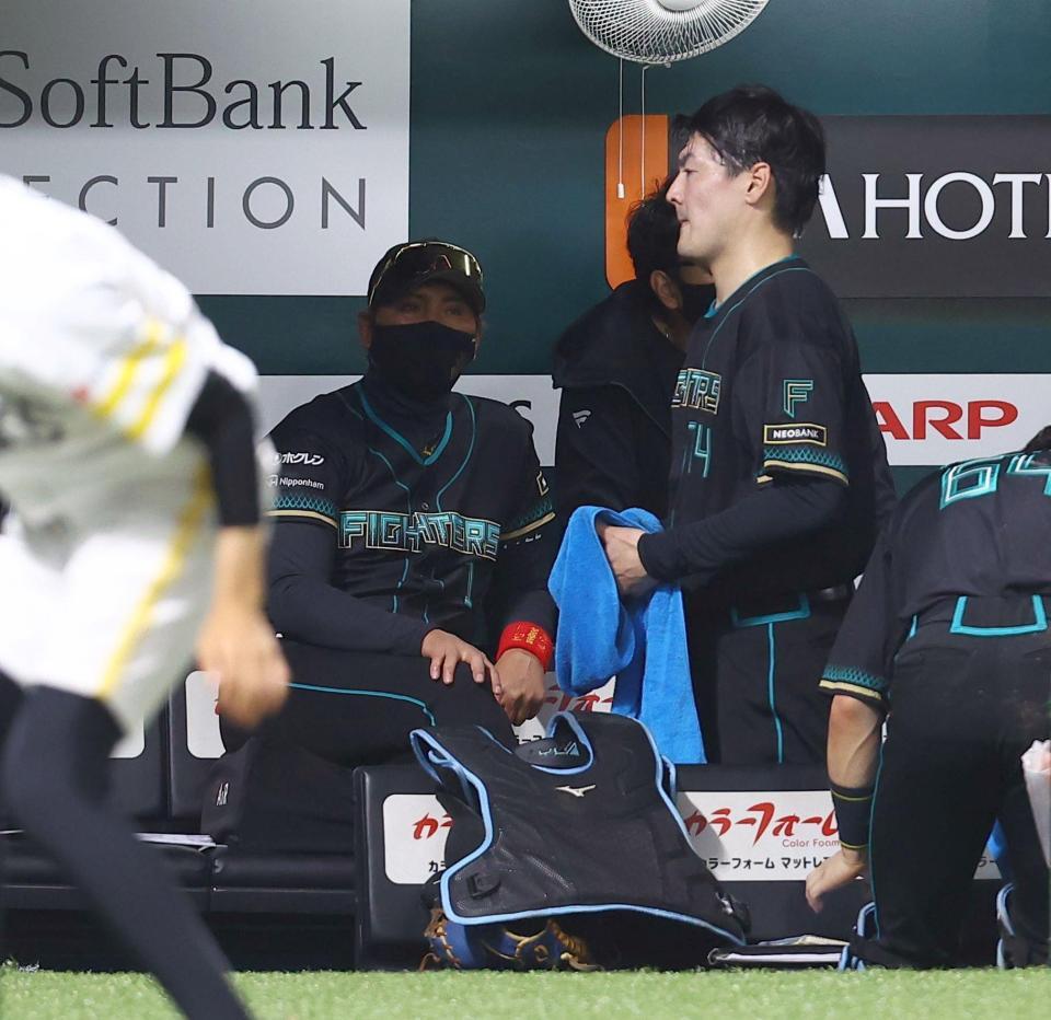 ２回、戦況を見つめる新庄監督（右はベンチ裏に下がる有原）＝撮影・中島達哉