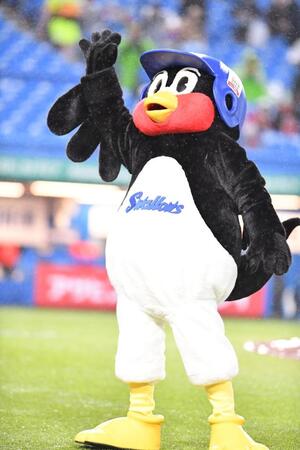 試合前、スタンドのファンに手を振るつば九郎（撮影・開出牧）