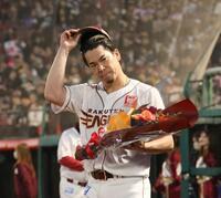 日米通算２５００投球回を達成した楽天・前田健太＝楽天モバイル最強パーク宮城（撮影・佐々木彰尚）