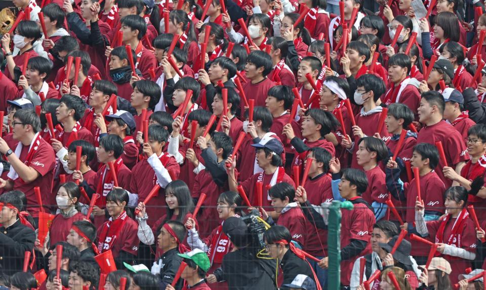チャンスで盛り上がる長崎西のアルプススタンド＝２０日