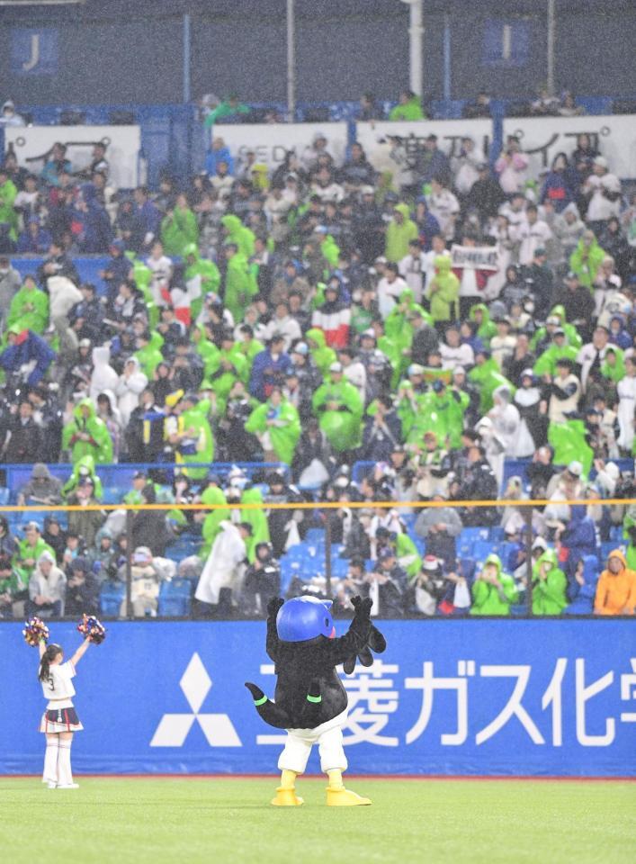 ライトスタンドのファンに手を振るつば九郎＝神宮球場（撮影・開出牧）