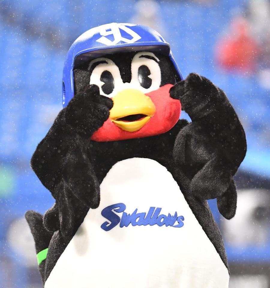 グラウンドに登場しポーズを決めるつば九郎（撮影・開出牧）