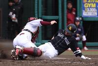 ４回、今宮の左前適時打で二走・牧原大が生還（捕手・伊藤光）＝撮影・佐々木彰尚