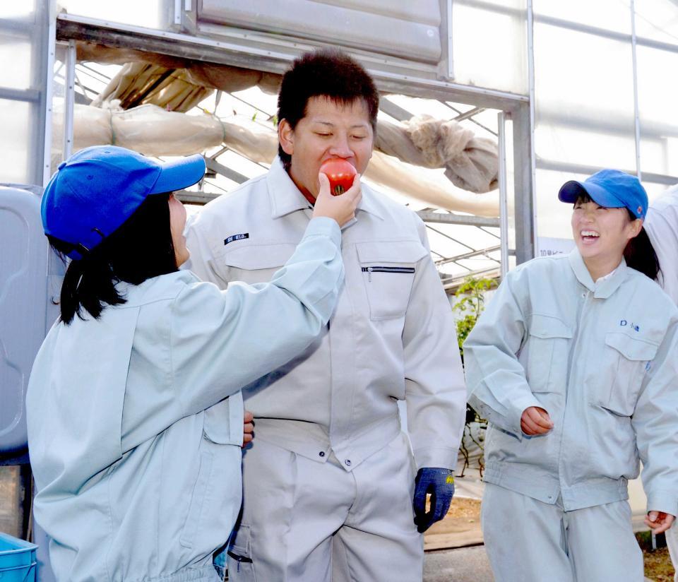 キャンプ休日に宮崎農業高校で農業体験した戸根は収穫したトマトにかぶりつき、女子生徒の爆笑を誘う。右は岡本＝２０１５年２月