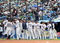 中日に勝利し、タッチを交わすヤクルトナイン