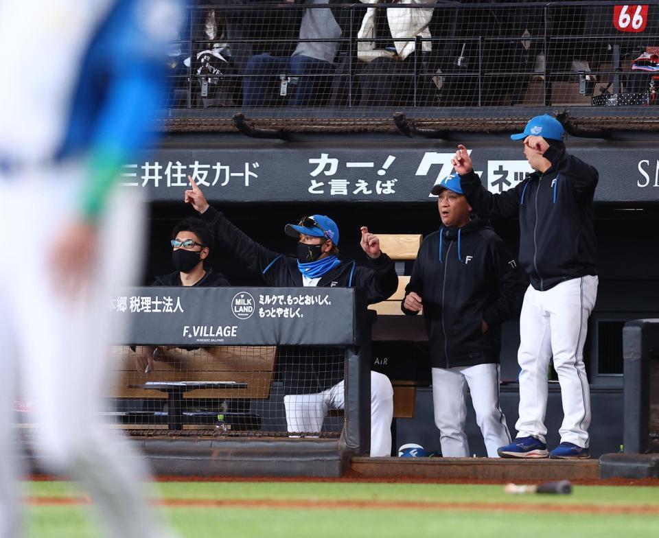 ７回、万波が勝ち越し３ランを放ち、驚く新庄監督（中央）ら（撮影・中島達哉）