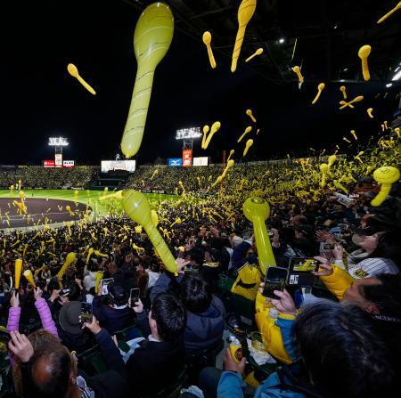 　７回の攻撃前にジェット風船を飛ばす阪神ファン。７年ぶりの再開となった＝甲子園