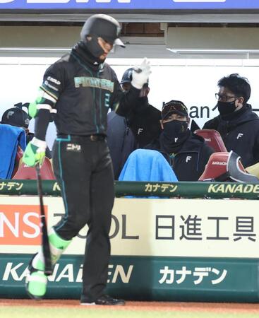 ベンチで厳しい表情の新庄監督。手前は清宮幸（撮影・金田祐二）