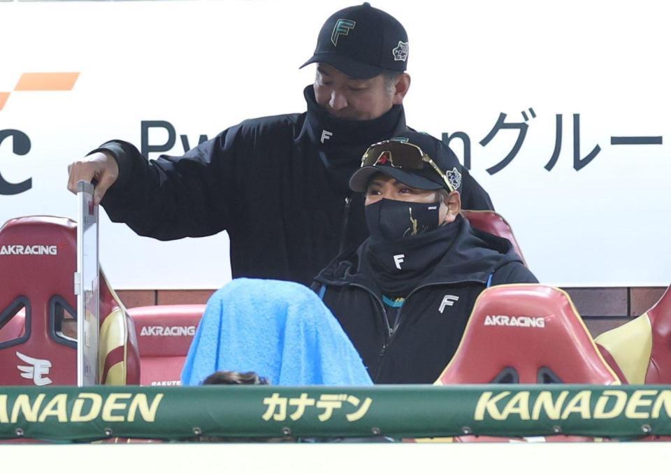 ベンチで厳しい表情の新庄監督（撮影・金田祐二）