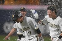 サヨナラ打を放ち、仲間の祝福を受ける西川（７）＝撮影・高部洋祐